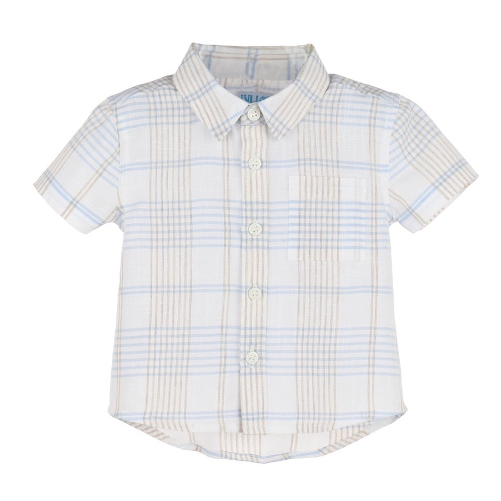Luli & Me Plaid Boy Shirt Blue and Cream Plaid Button Down Shirt NWT